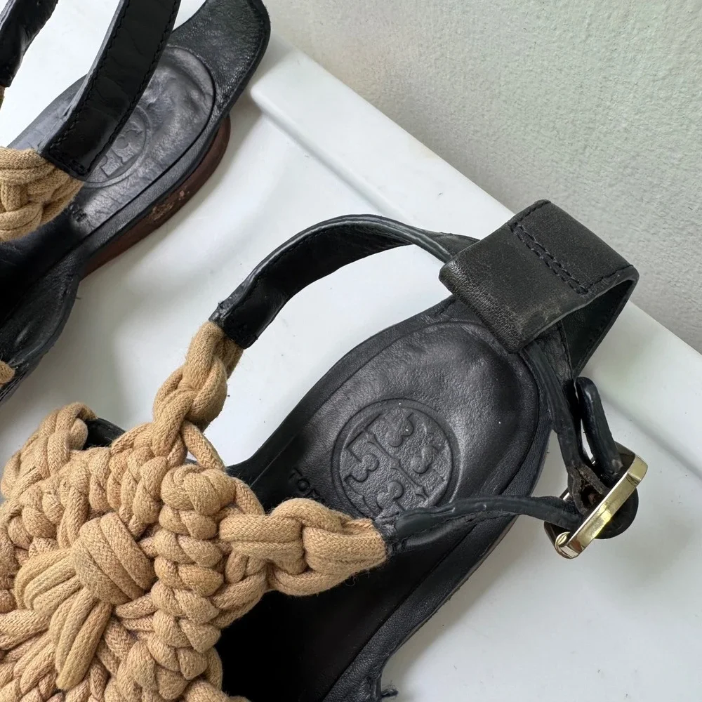 Tory Burch Sandals Macrame Leather Ankle Strap Flats Designer sz6 Leather Shoes